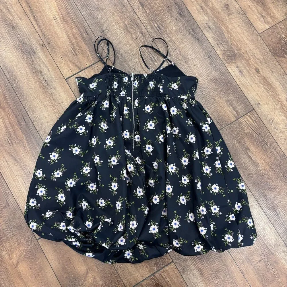 NWT Free People Mini Dress Women's XL Black Floral In A Bubble Babydoll $128